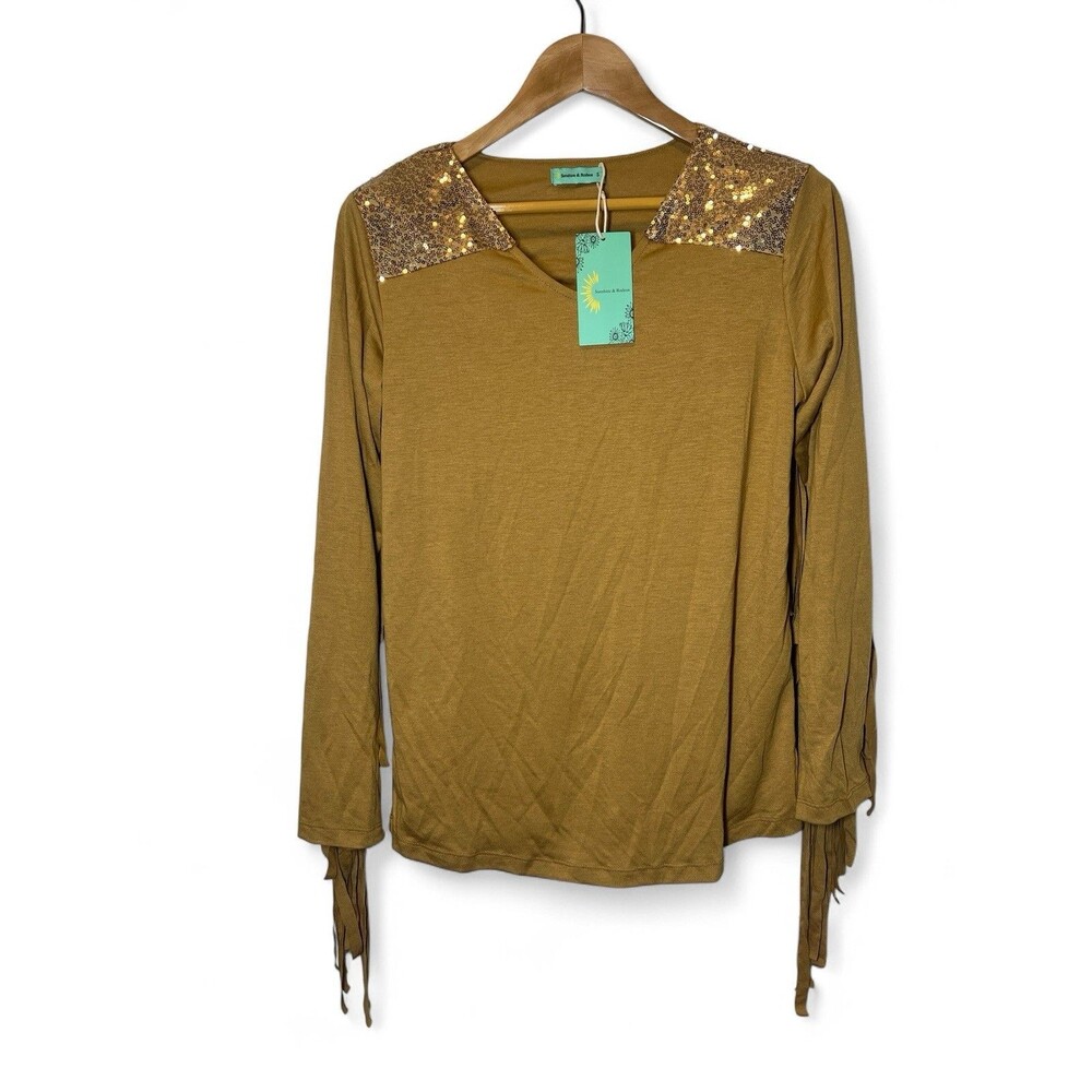 Sunshine & Rodeos Daven Fringe Sequin Top Long‎ Sleeve Brown Small Western Rodeo